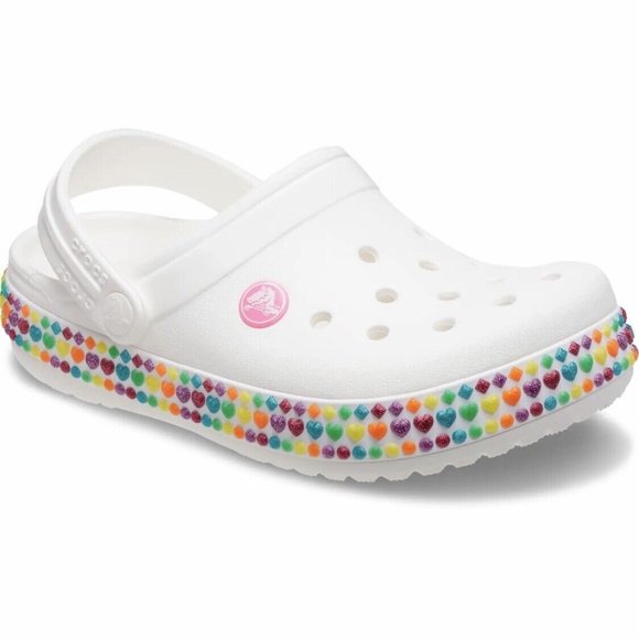 CROCS Other - Crocs Kids Girls Crocs Crocband Gem Band Clog Shoe Size C11 White Rainbow Hearts
